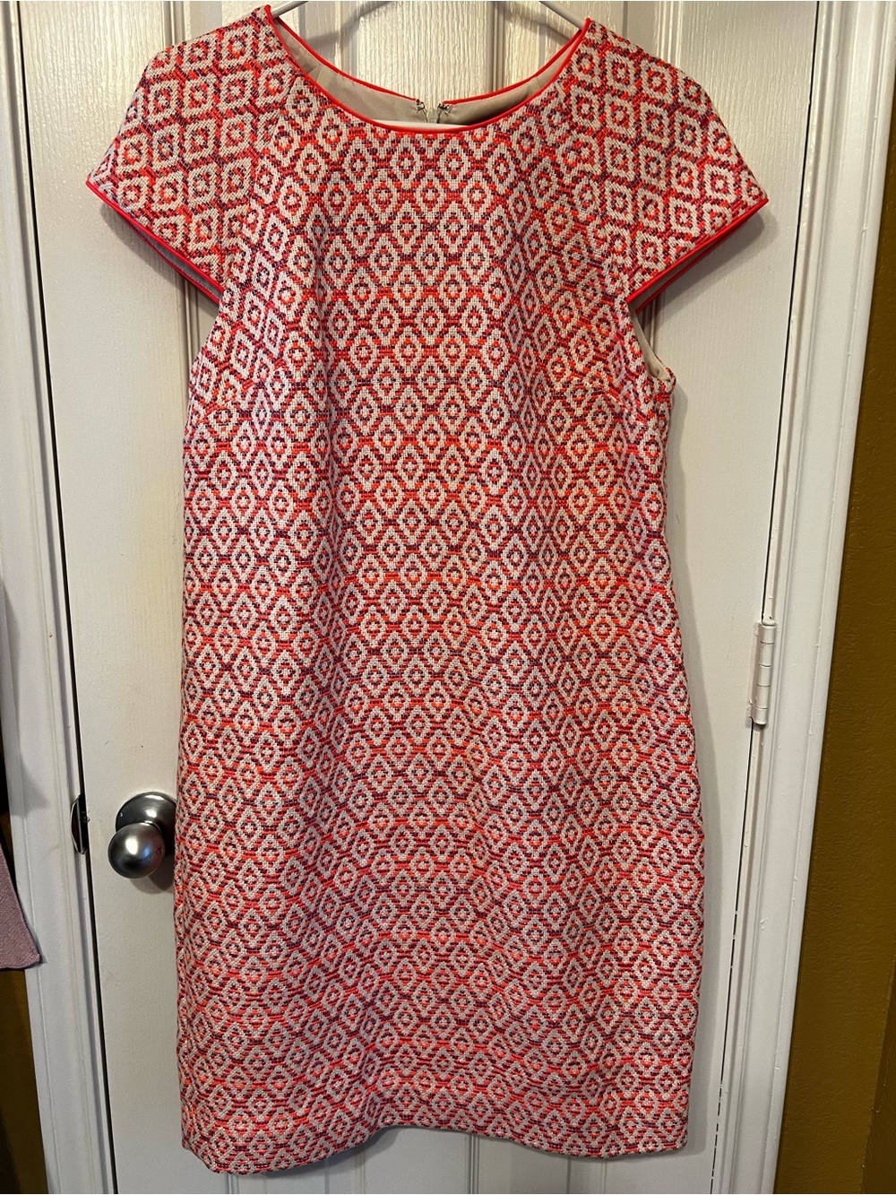 J.Crew Cotton-Linen Pink & Orange Textured Geometric Diamond Shift Dress, Size 6